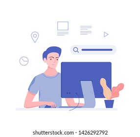 Young man surfing the Internet on his laptops. Trendy flat design style. Vector illustration.