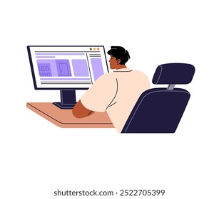 Hombre joven que navega por Internet usando la computadora en la vista posterior del escritorio. La persona ve noticias en línea en Sitios web, páginas de Web en la pantalla del escritorio. Ilustración vectorial aislada plana sobre fondo blanco