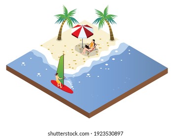 Young man surfing on the beach while his girlfriend using laptop computer while sitting on the chair under umbrella on beach. Isometric vector concept