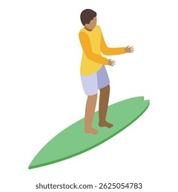 Young man surfing on board keeping balance with arms stretched out isometric icon 3d vector illustration