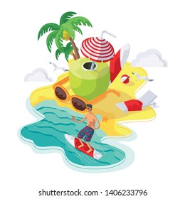 Young man surfing on the ocean in tropic paradise resort in the sunny day