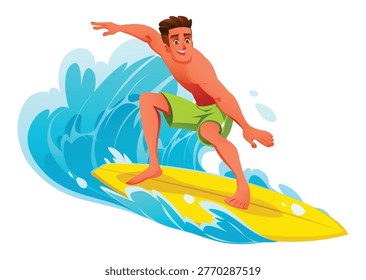 Young man surfing on top of large turquoise curling wave. Vector cartoon illustration