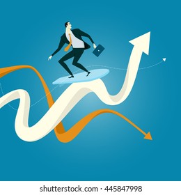 The young man surfing on the wave of chart A surfer executes a radical move on a chart wave. Business Concept of Challenge Vector Illustration.