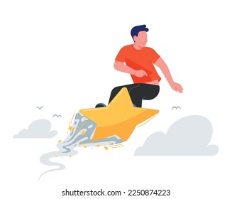 Young man surfing the sky on a star-shaped surfboard. Riding on a star vector illustration. Successful businessman flying in the clouds.