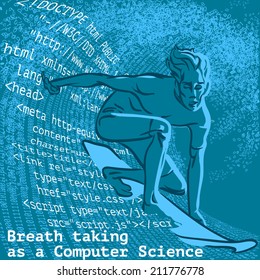 Young Man surfing the wave in the ocean of information on the internet. EPS8 Vector illustration.