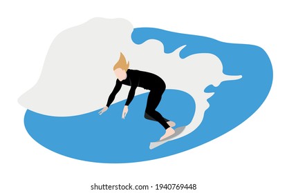 Young man surfing a wave on a surf board. Flat style vector illustration.