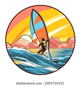 Young man surfing the wind in splashes of water. extreme water sport activity on summertime vacation. cartoon vector illustration, label, sticker