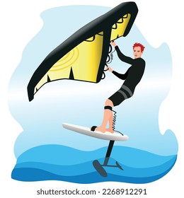 Young Man surfs on Wing Foil. Vector illustration