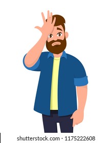 Young man surprised with hand on head for mistake, remember error. Forgot, bad memory. Human emotion, facial expression feelings and body language concept in cartoon style vector illustration.