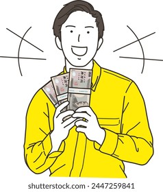 A young man with a surprised smile while holding a wad of bills