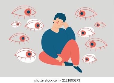 Young man surrounded by big evil eyes feels helpless. Depressed boy suffers from psychological problems looks overwhelmed. Concept of mental health disorder, phobia paranoia, fear. Vector illustration