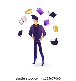 Young man surrounded by flying books and information sources isolated on white background - handsome male cartoon character of student or analyst in gradient vector illustration.