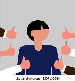 Young man surrounded by hands with thumbs up. The concept of positive opinion, recognition.