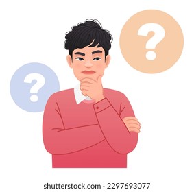 A young man surrounded by question bubbles. Smart, thinking guy, problem solver. An Asian man has a question. Portrait of a thoughtful Chinese. Vector cartoon illustration.