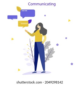 Young man surrounded by speech and thoughts. Thinking or reflecting. Difficult decision, dilemma, .on white background. Vector illustration