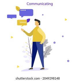 Young man surrounded by speech and thoughts. Thinking or reflecting. Difficult decision, dilemma, .on white background. Vector illustration