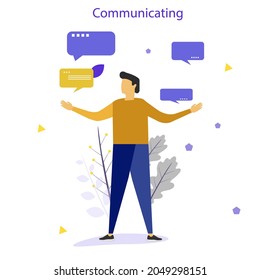 Young man surrounded by speech and thoughts. Thinking or reflecting. Difficult decision, dilemma, .on white background. Vector illustration


