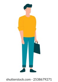 Young man in sweater with briefcase isolated on white background. Flat style without face. Vector illustration. Flat faceless style. Vector illustration