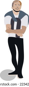 Der junge Mann mit einem Pullover zog sich über die Schultern, Cartoon-Bild, auf weißem Hintergrund.