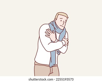 Young man in sweater and scarf shivering from cold feel sick simple korean style illustration