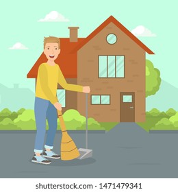 Young Man Sweeping Street with Broom, Janitor Worker with Equipment Vector Illustration