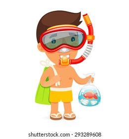 Young Man in Swim Mask Keeps Bag with Fish. Isolated on white background. Clipping paths included in JPG file.