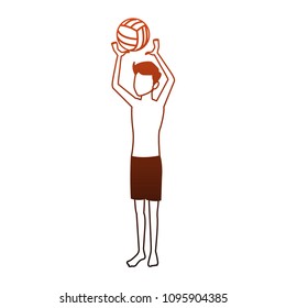 Young Man In Swim Suit With Voleyball Ball Red Lines