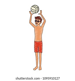 Young Man In Swim Suit With Voleyball Ball Scribble