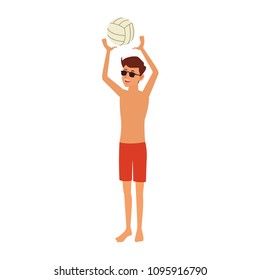 Young Man In Swim Suit With Voleyball Ball