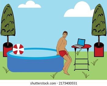 Young Man In Swim Suit Working From Home Poolside Vector Illustration