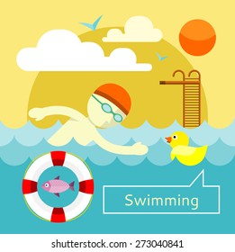 Young man swimming the front crawl in a pool in flat design. Can be used for web banners, marketing and promotional materials, presentation templates 