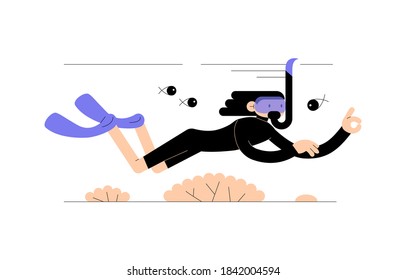 Young man swimming with mask underwater isolated on white background. Vector flat illustration. Cartoon character diving in ocean with fishes and coral. Summer activity and leisure  concept for banner