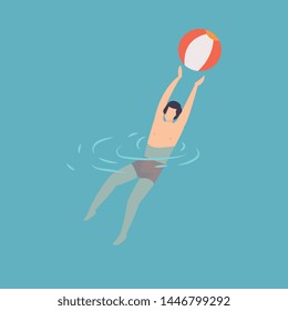 Young Man Swimming and Playing with Ball in Water, Guy Relaxing in the Sea, Ocean or Swimming Pool at Vacation, Summer Outdoor Activities Vector Illustration