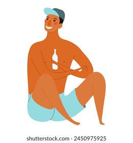 Young man in swimming trunks, cap cute cartoon character illustration. Hand drawn flat style design, isolated vector. Summer holidays, vacations, outdoors, beach activity, pool party, seasonal element