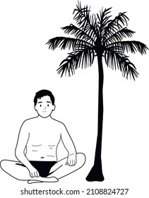  young man in swimming trunks sits under a palm tree. sketch. silhouette. vector. eps