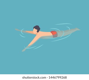 Young Man Swimming in Water, Guy Relaxing in the Sea, Ocean or Swimming Pool at Vacation, Summer Outdoor Activities Vector Illustration