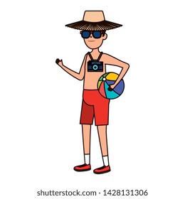 young man with swimsuit and balloon beach