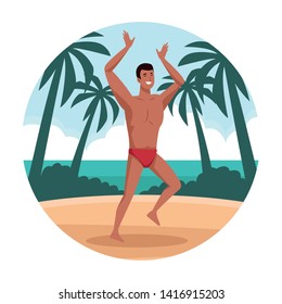 Young man in swimsuit at beach cartoon round icon vector illustration graphic design