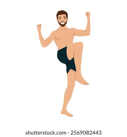 Young man with swimsuit doing winner gesture celebrate clench fists. Flat vector illustration isolated on white background