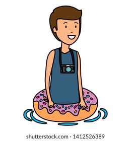 young man with swimsuit and float donut