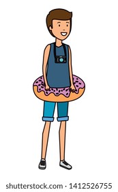 young man with swimsuit and float donut