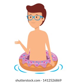 young man with swimsuit and float donut