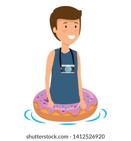 young man with swimsuit and float donut