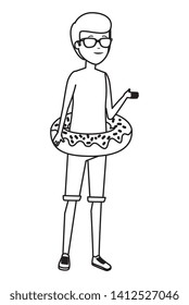 young man with swimsuit and float donut