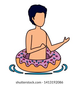 young man with swimsuit and float donut