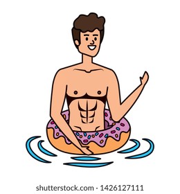 young man with swimsuit and float donut