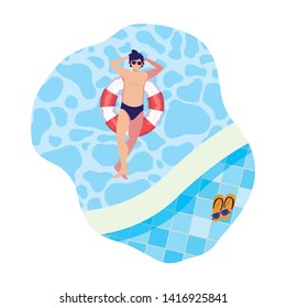young man with swimsuit and float lifeguard in pool
