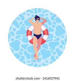 young man with swimsuit and float lifeguard in water