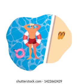 young man with swimsuit and float lifeguard in water