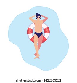 young man with swimsuit and float lifeguard in water